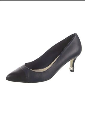 CHANEL Navy and Black Pearl-Accent Mid Heel Pumps